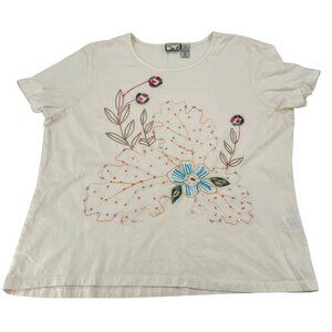 Caribbean Joe‎ Womens Floral Embroidered Cotton T-Shirt XL White Short Sleeve